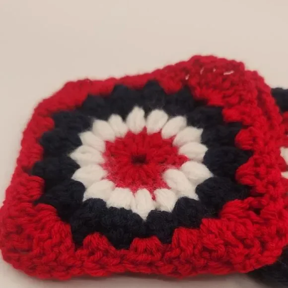 Handmade Crochet Red, White & Blue Acrylic Granny Square Patriotic Coasters - Picture 6 of 7